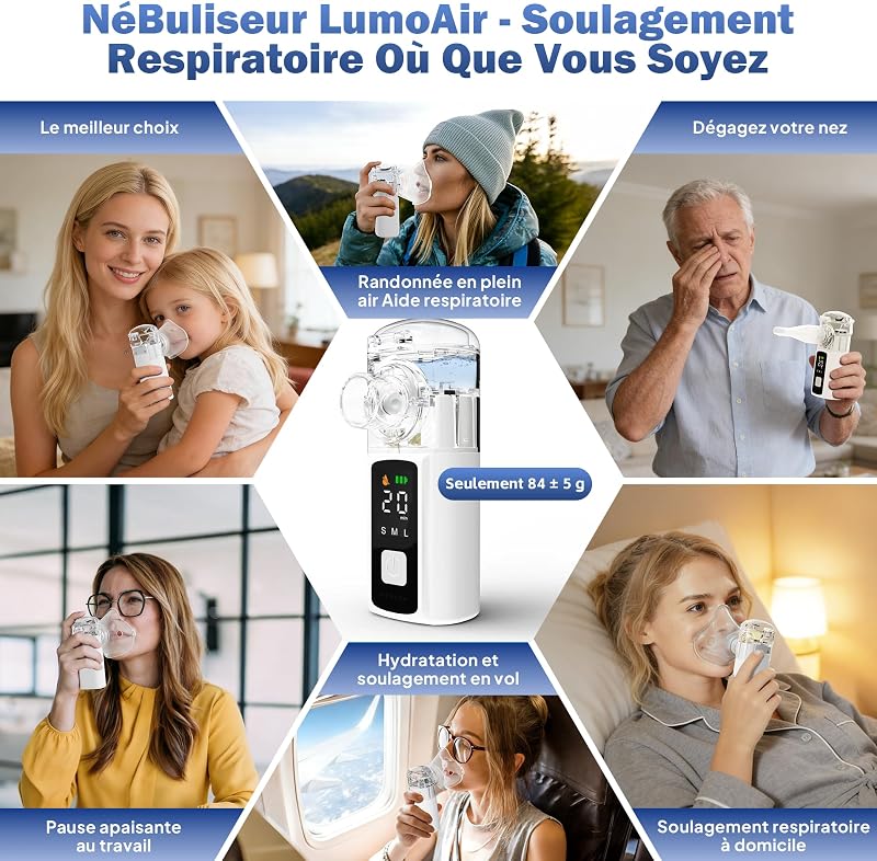 Nebulisateur Silencieux pour Adulte et Enfant,Inhalateur 1200mah USB-C,Nebulisateur Bebe Protection à Sec Autonettoyant,Aerosol Bebe LED Nébuliseur Portable avec 2 Masques et Embout Buccal — photo 7 sur 7