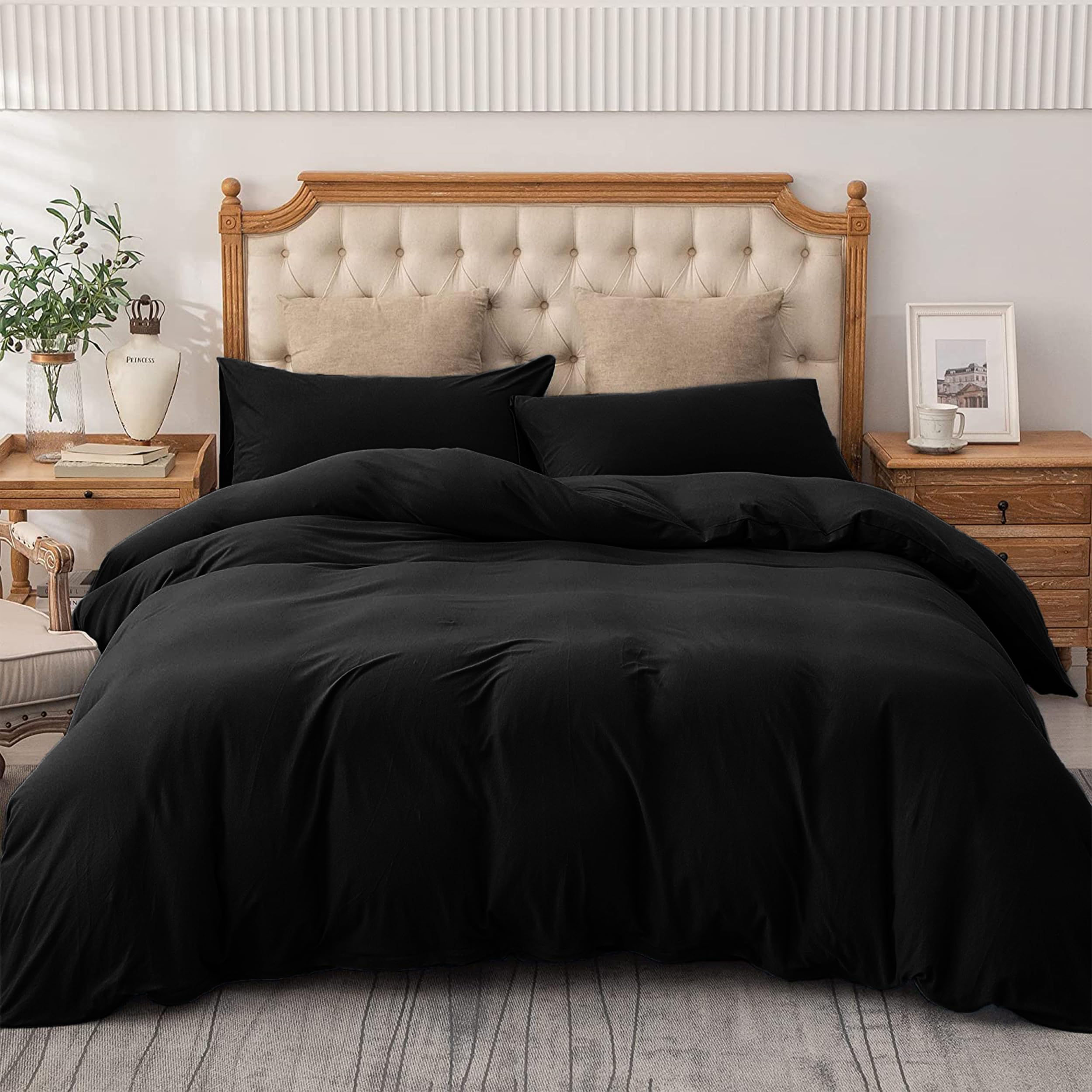 AMEHA King Size Duvet Cover Sets Plain Dyed Quilt Bedding with Pillowcases Soft Breathable Microfibre Bed Set Black