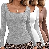 Women's 3-Pack Long Sleeve Scoop Neck T-Shirts | Cotton Blend Stretch Fitted Tops | Slim Fit Casual Basic Shirts