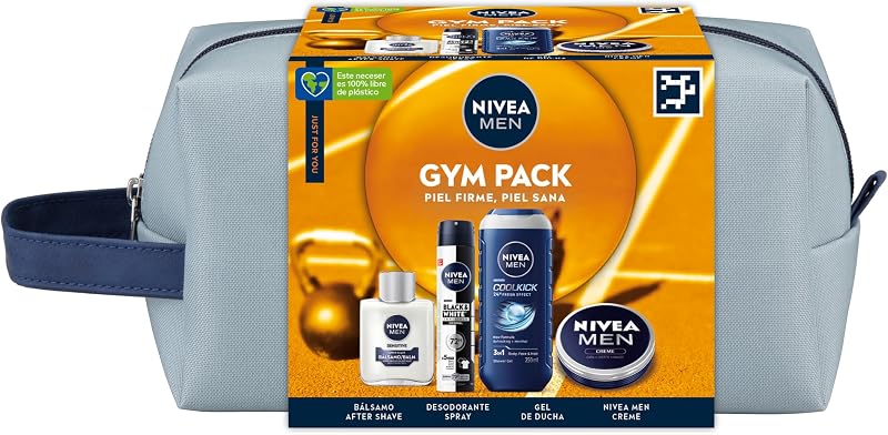 MEN Komplett-Pflege-Set Kulturbeutel, Geschenkset für Herren mit Gesichtscreme 75 ml + Duschgel 250 ml + After Shave Balm 100 ml, Deo-Spray 200 ml