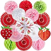 Strawberry Paper Fans, Strawberry Party Decorations, Berry First Birthday Decor, Pink Red White Green Tissue Paper Pom Poms Honeycomb for Birthday Girl Baby Shower Room Classroom