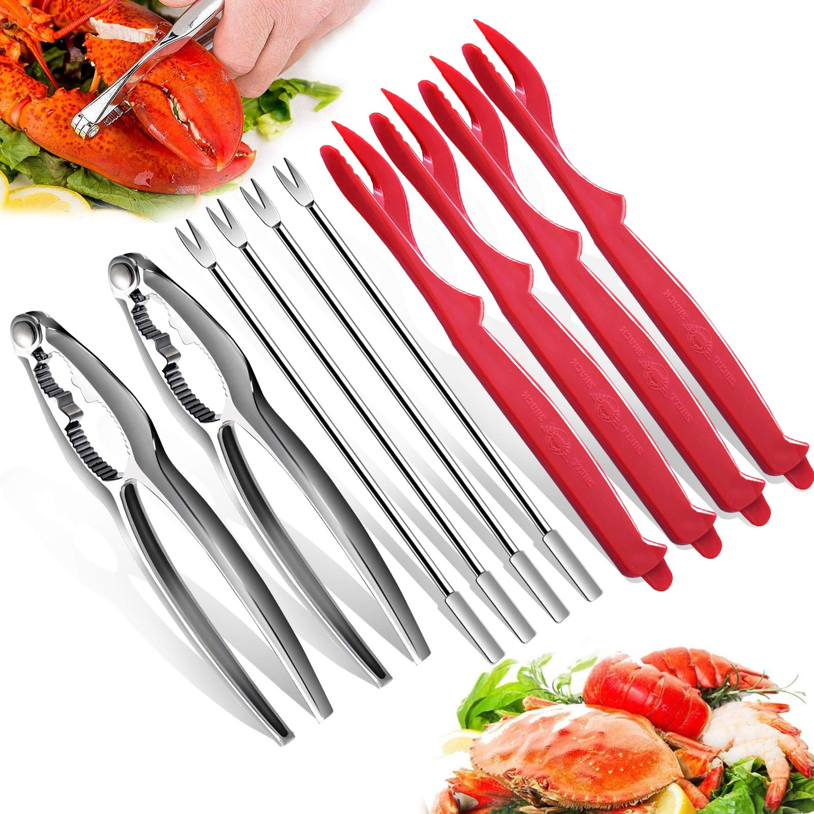 Photo 1 of 10PCS Crab Nut Crackers and Seafood Tools,Stainless Steel Lobster Crackers and Picks Set,Including 2 Lobster Crab Crackers, 4 Lobster Sheller Knives, 4 Crab Leg Forks/Picks (10pcs)