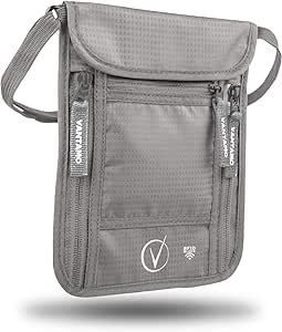 Neck Wallet Travel Pouch and Passport Holder, RFID Protected, Fits Passport with cover, Includes Global Recovery Tags. Passport Holder Neck For Men and Women (Light Gray)