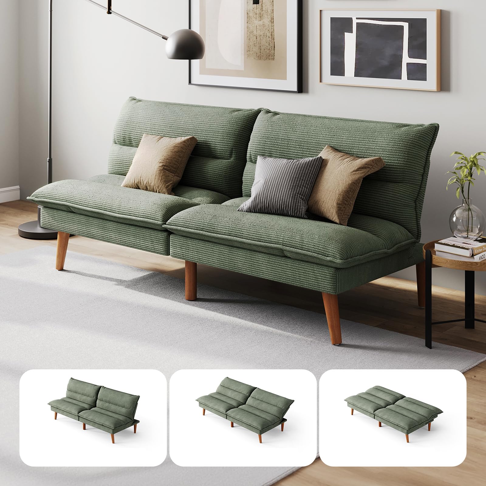 Photo 1 of ** Missing cushions *** LINSY HOME Futon Sofa Bed - Convertible Corduroy Futon Couch Bed with Adjustable Backrest, Modern Small Loveseat Sleeper Sofa for Small Spaces, Living Room, Apartment or Office (Green)