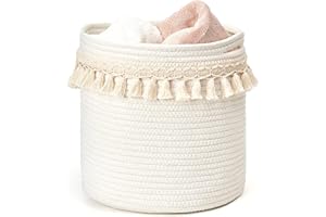 Mkono Macrame Decorative Cotton Rope Basket Boho Nursery Decor Small Cute Woven Tassel Closet Storage Bins Organizer for Baby Toys,Magazines, Potted Plants Cover,Living Room,Bedroom, 11"x11"