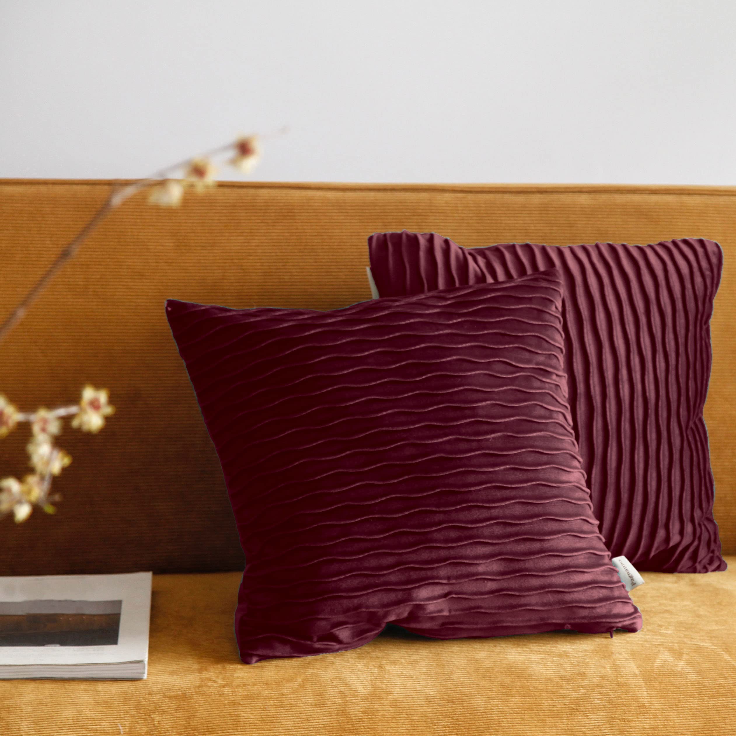 Pagnanno. Set of 2 Soft Velvet Cushion Covers 45x45cm(18x18 Inches) Waves Throw Pillow Cases Square Cushion Covers for Chairs, living room,bedroom with Invisible Zipper (18"x18" (Pack of 2), Wine Red)