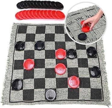 Super Tic Tac Toe and Giant Checkers Board Game for Kids and Adults, 1214 Inches 3 in 1 Reversible Rug with Jumbo Pieces, Best for Outdoor Play, Lawn and Backyard Games, Fun Family Games and Gift