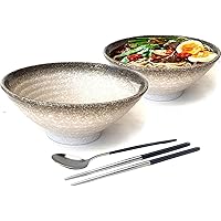 6 Pieces Ceramic XL Ramen Bowls Set: 2 White 60oz pho Bowl. Asian Chinese Japanese Soup. Includes: Stainless steel Spoon And 