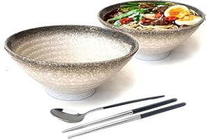 6 Pieces Ceramic XL Ramen Bowls Set: 2 White 60oz pho Bowl. Asian Chinese Japanese Soup. Includes: Stainless steel Spoon And 