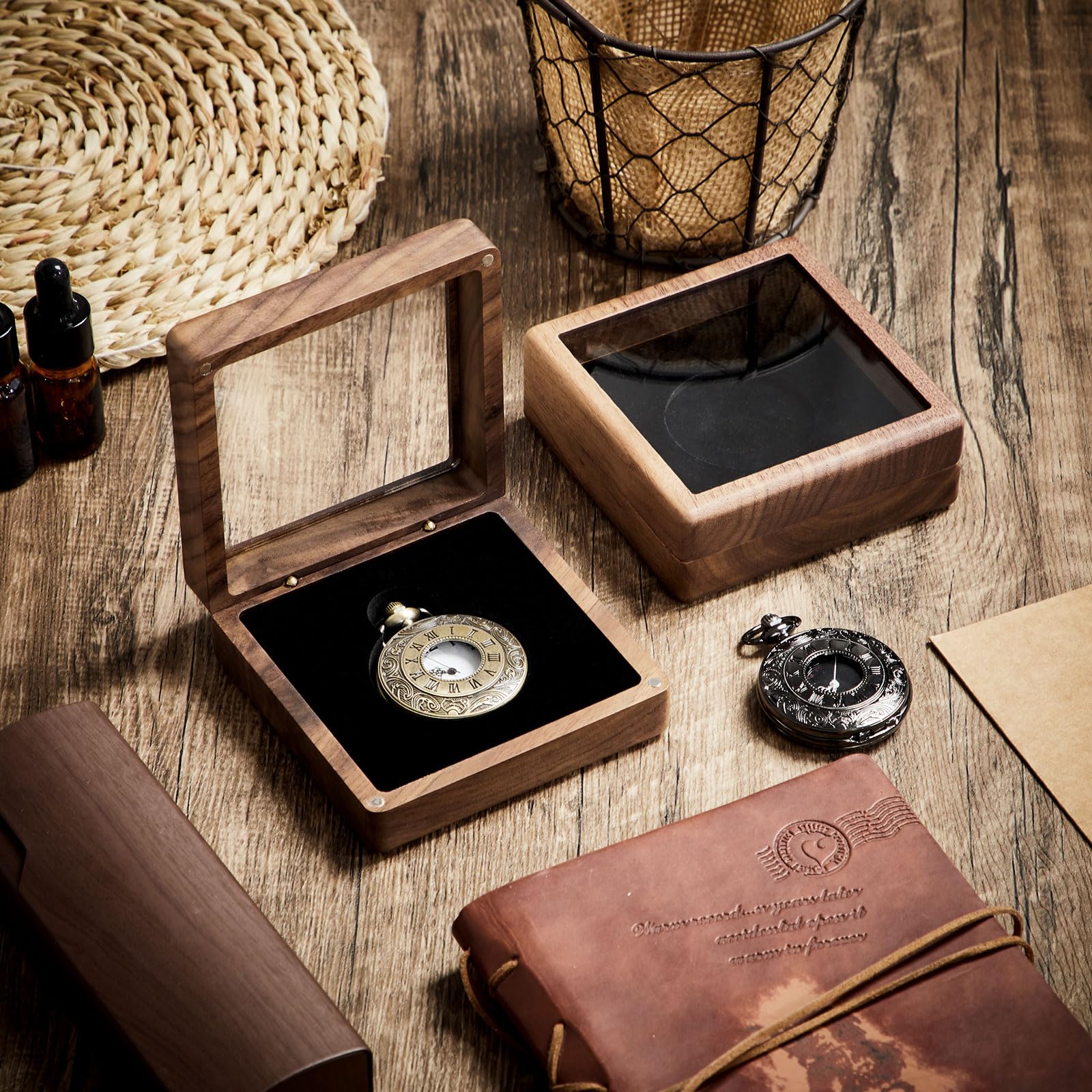 SiliFine 2 Pcs Wooden Pocket Watch Display Case Walnut Wood Single Gift Box for 1.89 Inches Pocket Watch with Clear Acrylic Window Display for Birthday Christmas Fathers Day Gift