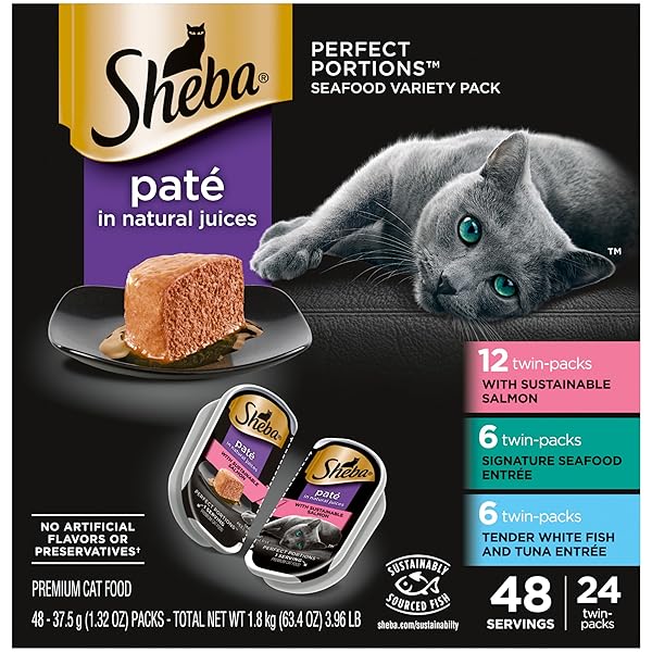 SHEBA PERFECT PORTIONS WET CAT FOOD PATE WITH SUSTAINABLE SALMON, SIGNATURE SEAFOOD ENTREE, AND TENDER WHITE FISH AND TUNA ENTREE VARIETY PACK, 2.6 OZ. TWIN PACK TRAYS (24 COUNT, 48 SERVINGS)
