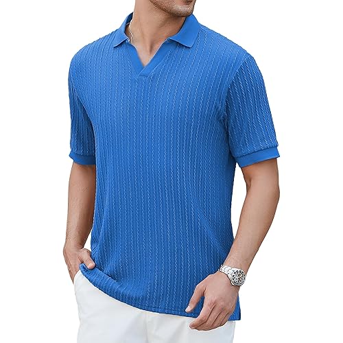 WARHORSEE Mens Jacquard Knit Polo Shirts Short Sleeve V-Neck Fashion Polo Shirts for Men Breathable Casual Golf Polos,RoyalBlue,M