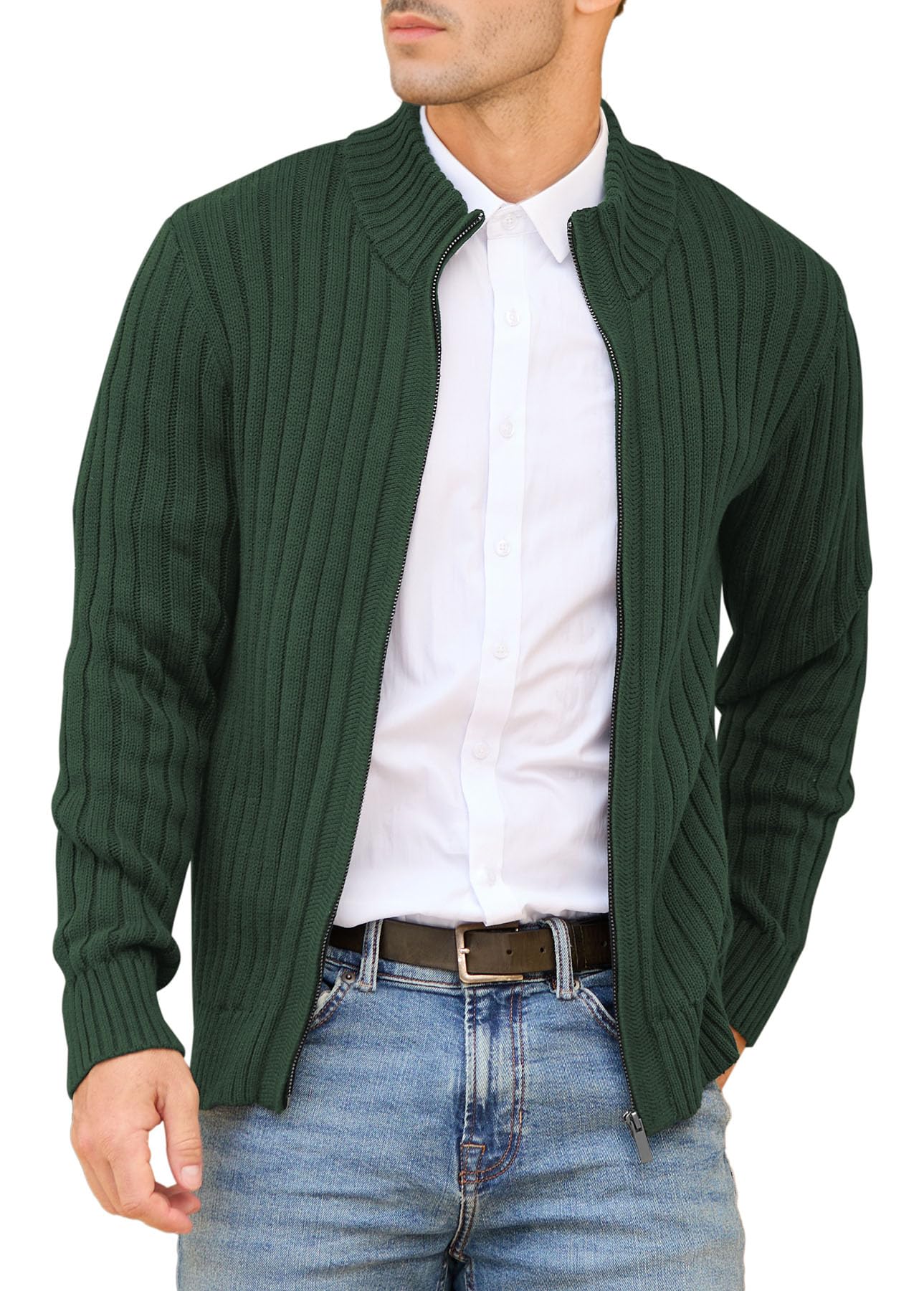 NITAGUT Herren Strickjacke Full Zip Stehkragen Langarm Baumwolle Casual Slim Fit Winter Pullover für Männer,Grün,M