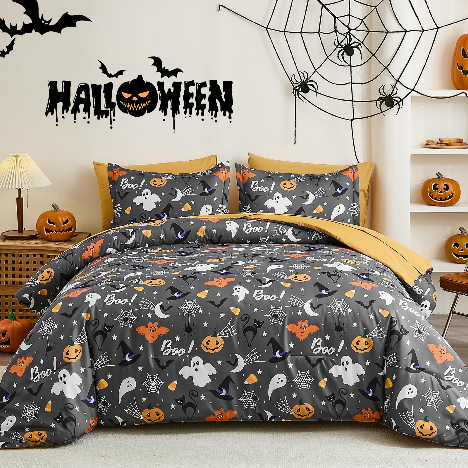 Photo 1 of Yiran Spooky Halloween King Comforter Set 7 Pieces, Cozy Ghost Spider Bedding Set with Pillowcases, Reversible Pumpkins Design Bed in a Bag, Soft Microfiber Gothic Decor for Holiday