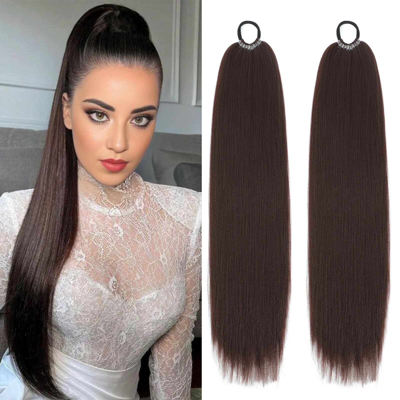 Photo 1 of 2 Packs Long Braided Ponytail Extensions with Hair Ties Natural Soft Synthetic Hair Piece for Black Women Straight Wrap Around Hair Extensions Ponytail (Brown, 24 Inch (Pack of 2))