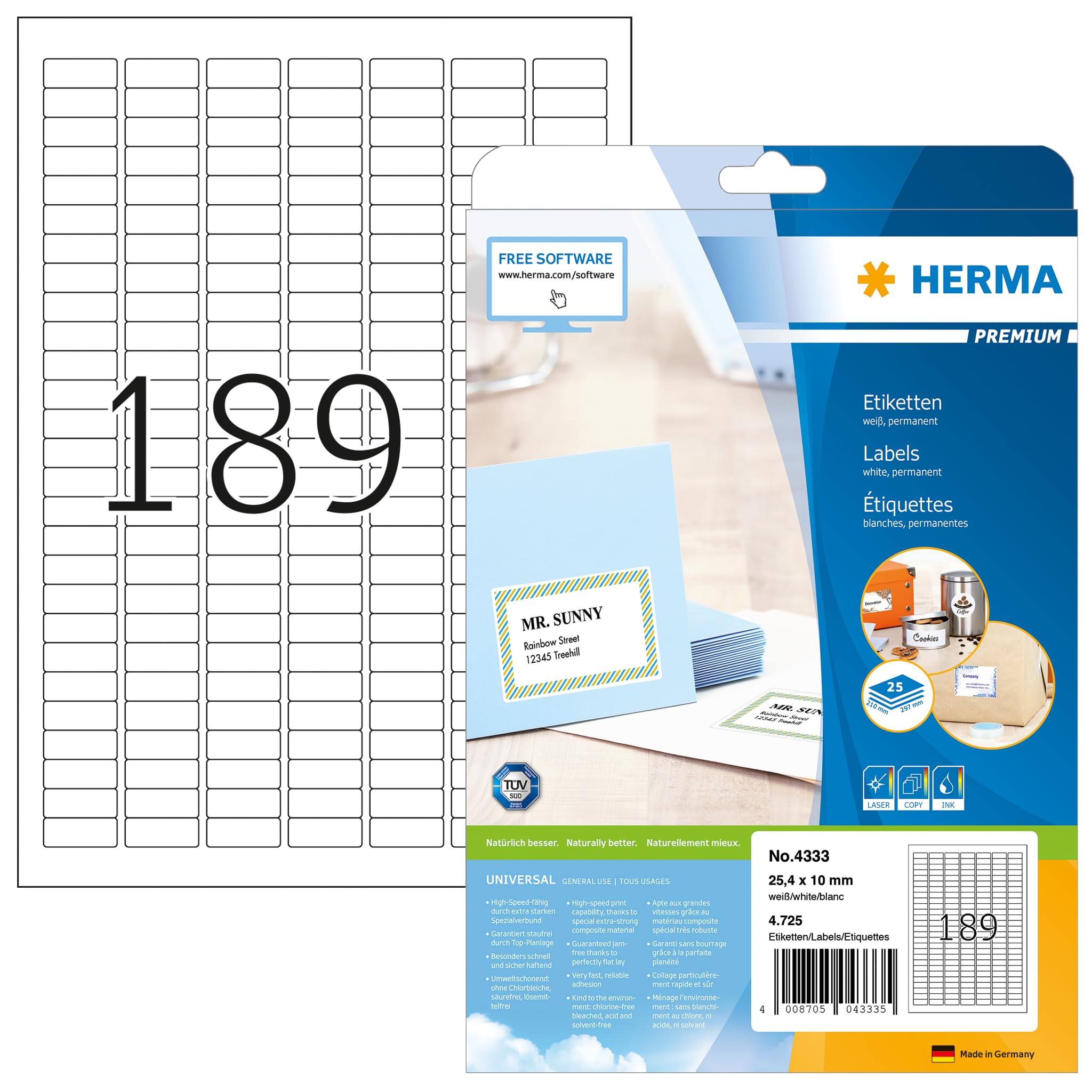 HERMA Self Adhesive Multipurpose Labels, 189 Labels per A4 Sheet, 25 Sheets, 25.4 x 10 mm, 4725 Labels, Blank Universal Labels Stickers, Sticky Labels for Laser & Inkjet Printer, White
