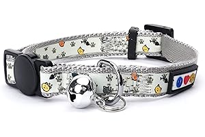 Pawtitas Glow in The Dark Cat Collar with Breakaway Safety Buckle & Bell Adjustable Kitten Collar, Grey