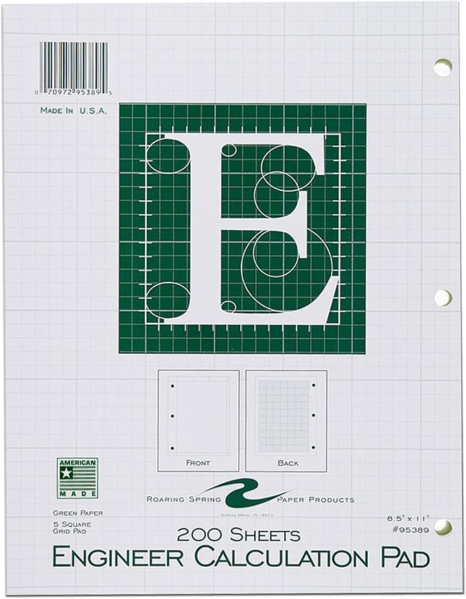 Amazon Com Roaring Spring 5x5 Grid Engineering Pad 15 Green 3 Hole Punched 8 5 X 11 200 Sheets Green Paper Wirebound Notebooks Office Products