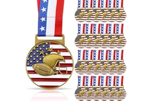 Loetere 30 Pieces Patriotic Medals Gold Medals Bulk Trophy with Neck Ribbons Spirit Medallion with Stars Stripes American Flag for Sports Trophy Participation Winner Gift