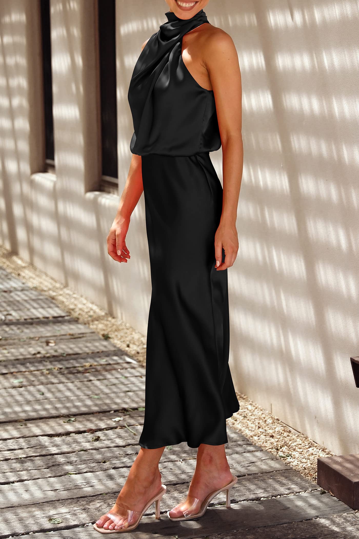 PRETTYGARDEN Women's 2025 Summer Satin Dress Elegant Sleeveless Mock Neck Cocktail Party Maxi Dresses
