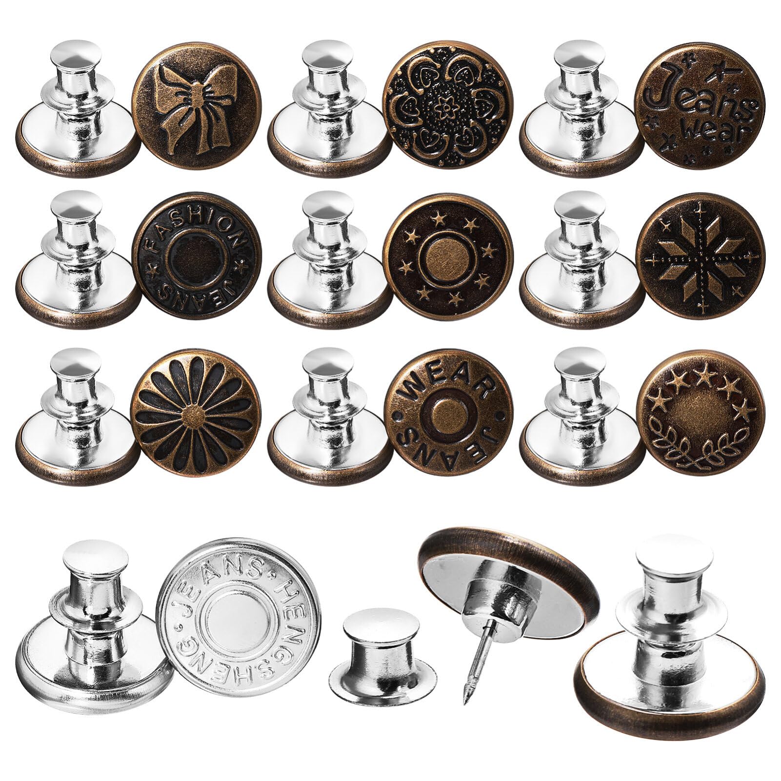 EXCEART 20 Sets Button Pins for Jeans, Replacement Buttons Waist Tightener No Sew Needed Pants Jean Buttons Pins Adjustable Snap Removable Button