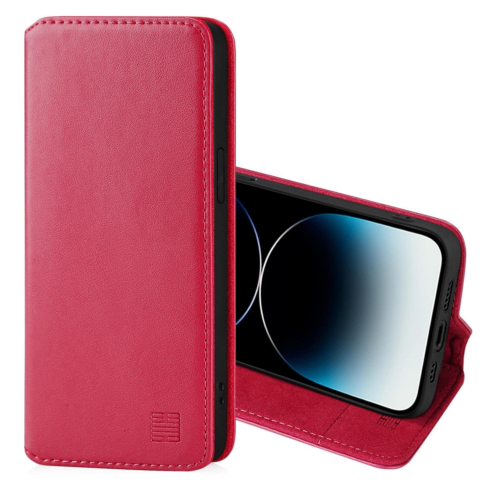 32nd Classic Series 2.0 - Real Leather Book Wallet Flip Case Cover For Apple iPhone 14 Pro (6.1"), Real Leather Design With Card Slot, Magnetic Closure and Built In Stand - Rose Pink — image 1