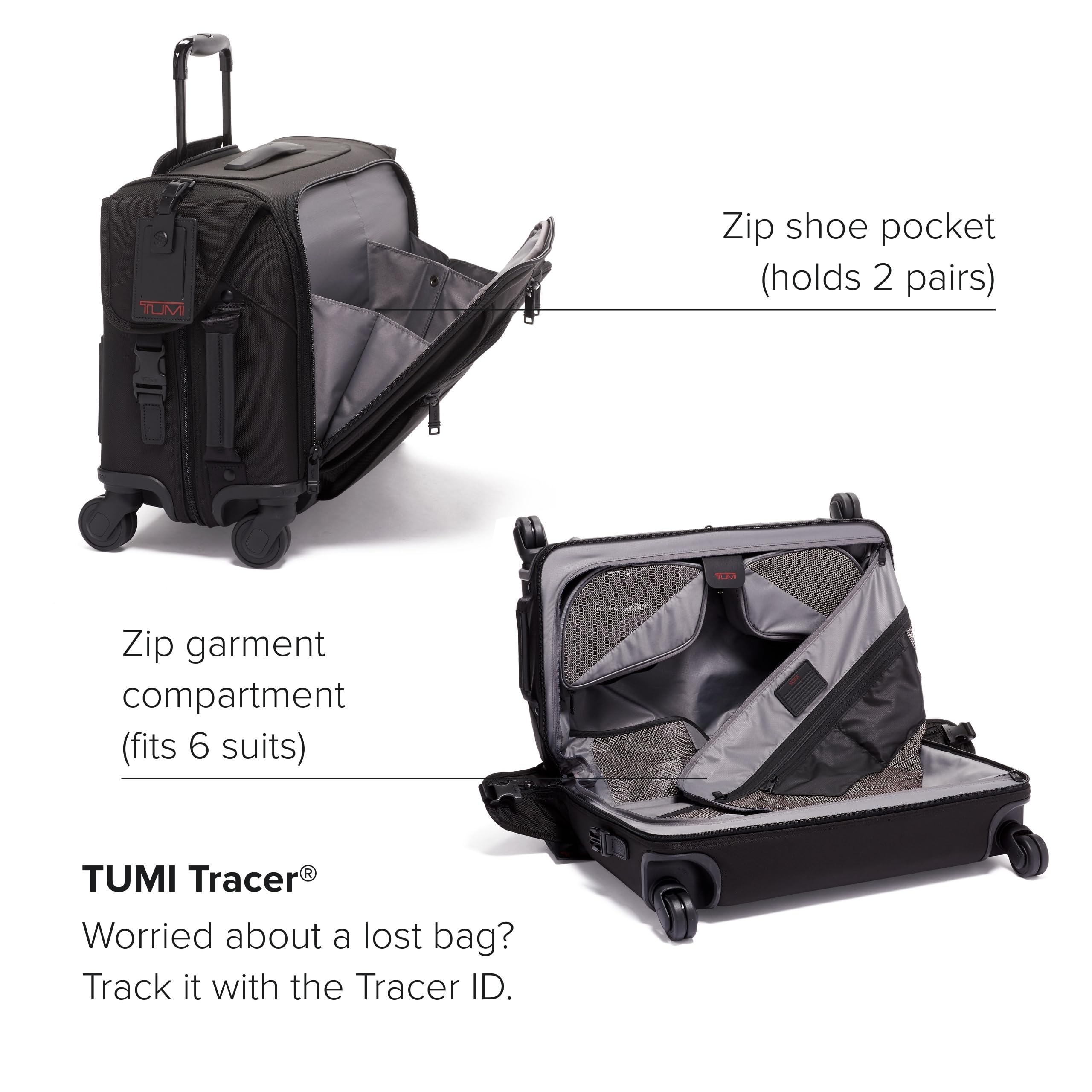 TUMI Alpha Garment 4 Wheeled Carry-On - Garment Compartment Fits 6 Suits or Dresses - Carry On Luggage for Travel - Black