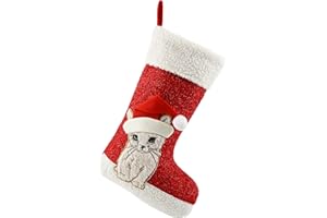 WEWILL 20'' Cute Cat Christmas Stockings Embroidered Xmas Socks Holiday Party Pet Theme Gift for Kitty