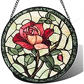 AMDERVEN Stained Glass Window Hanging, Red Rose Flowers Sun Catcher for Door Garden Home Decor Suncatcher Christmas Mother's Day Birthday Gifts for Women Lovers Men Wife Girlfriend Mom Nana 9.8 in