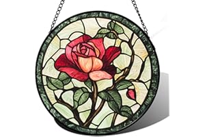 AMDERVEN Stained Glass Window Hanging, Red Rose Flowers Sun Catcher for Door Garden Home Decor Suncatcher Christmas Mother's Day Birthday Gifts for Women Lovers Men Wife Girlfriend Mom Nana 7.8 in