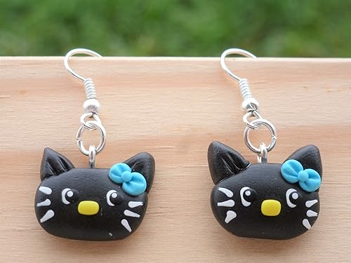 Boucles D Oreilles Tete De Chat Noir Fimo Bijoux Animaux Amazon Fr Handmade