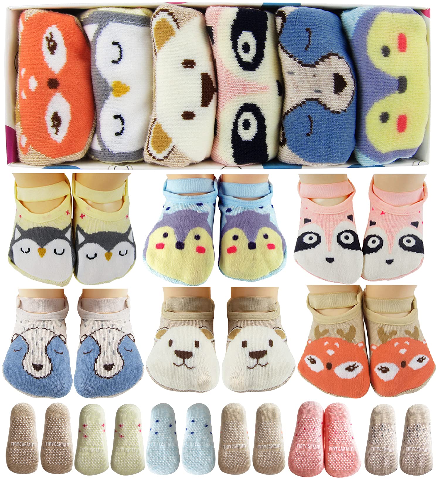 Baby Girls Socks Toddler Girl Anti Slip Cartoon Animal 1 Year Old Gift Cotton Tiny Captain (Pink, Blue, Grey, Tan)