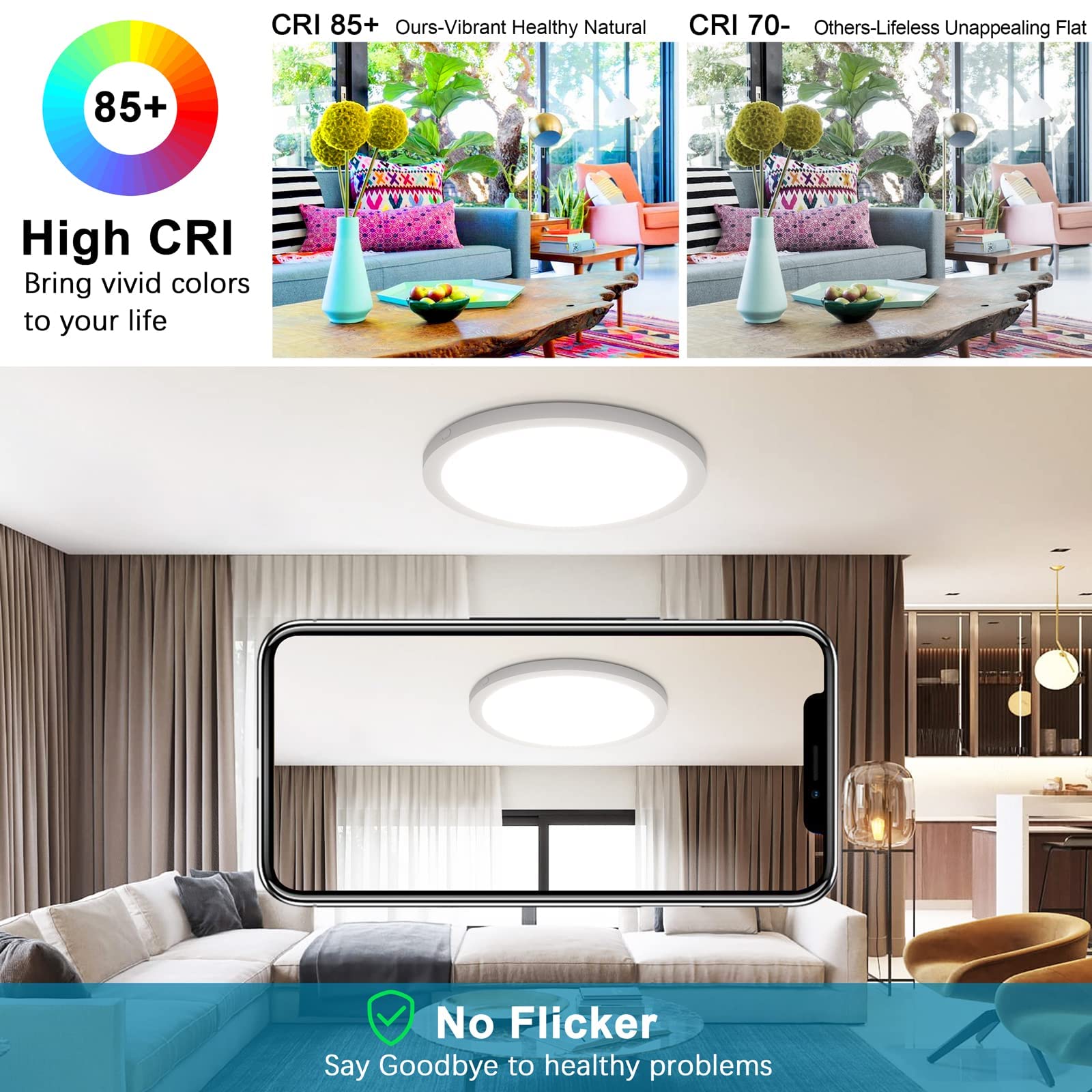 2-Pack 24W LED Flush Mount Ceiling Light Fixture, 12 Inch 2100LM Modern Close to Ceiling Light, 3000K/4000K/5000K Dimmable Ultra-Thin Flat Round Indoor Lighting Lamp for Bedroom Kitchen Bathroom