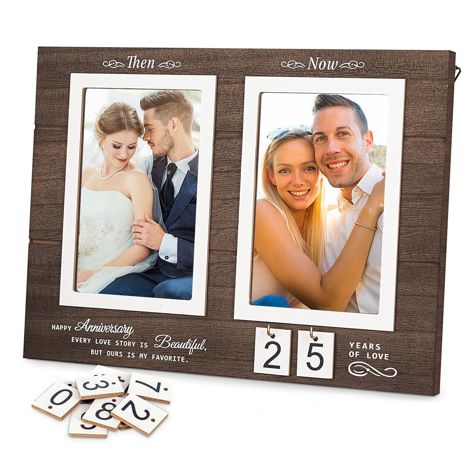 GAESHOW Photo Frame, Then & Now Anniversary Picture Frame, Wedding Photo Frame, 1-99 Years Wedding Gift for Couple Parents, Wood Photo Frame Holds 4x6 Inches Photos
