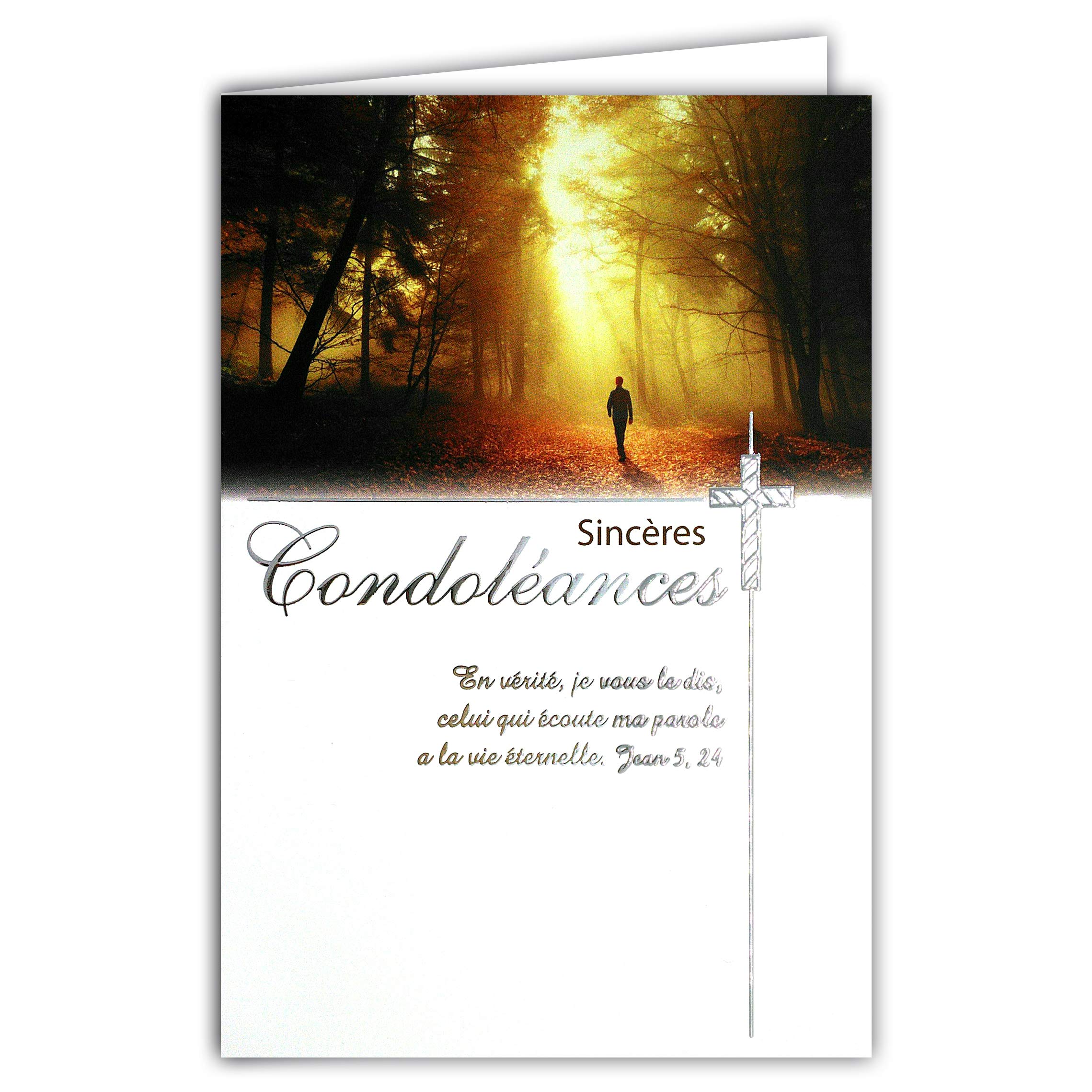 Afie 64-1067 Sincers Condolence Card with White Envelope - Silver Glittering Christian Catholic Cross