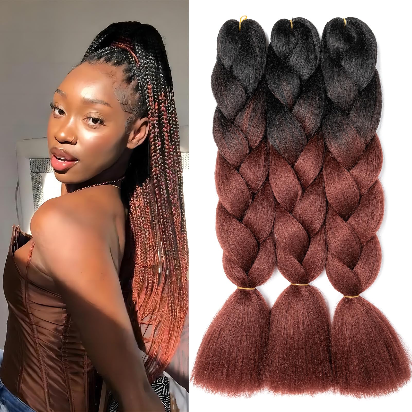 Dcbaboo Jumbo Braiding Hair Extensions 3packs 24inch Synthetic Hair Kanekalon Ombre Braids Afro Crochet Braids Twist Hair Extensions 300g, Black-Red Brown — image 1