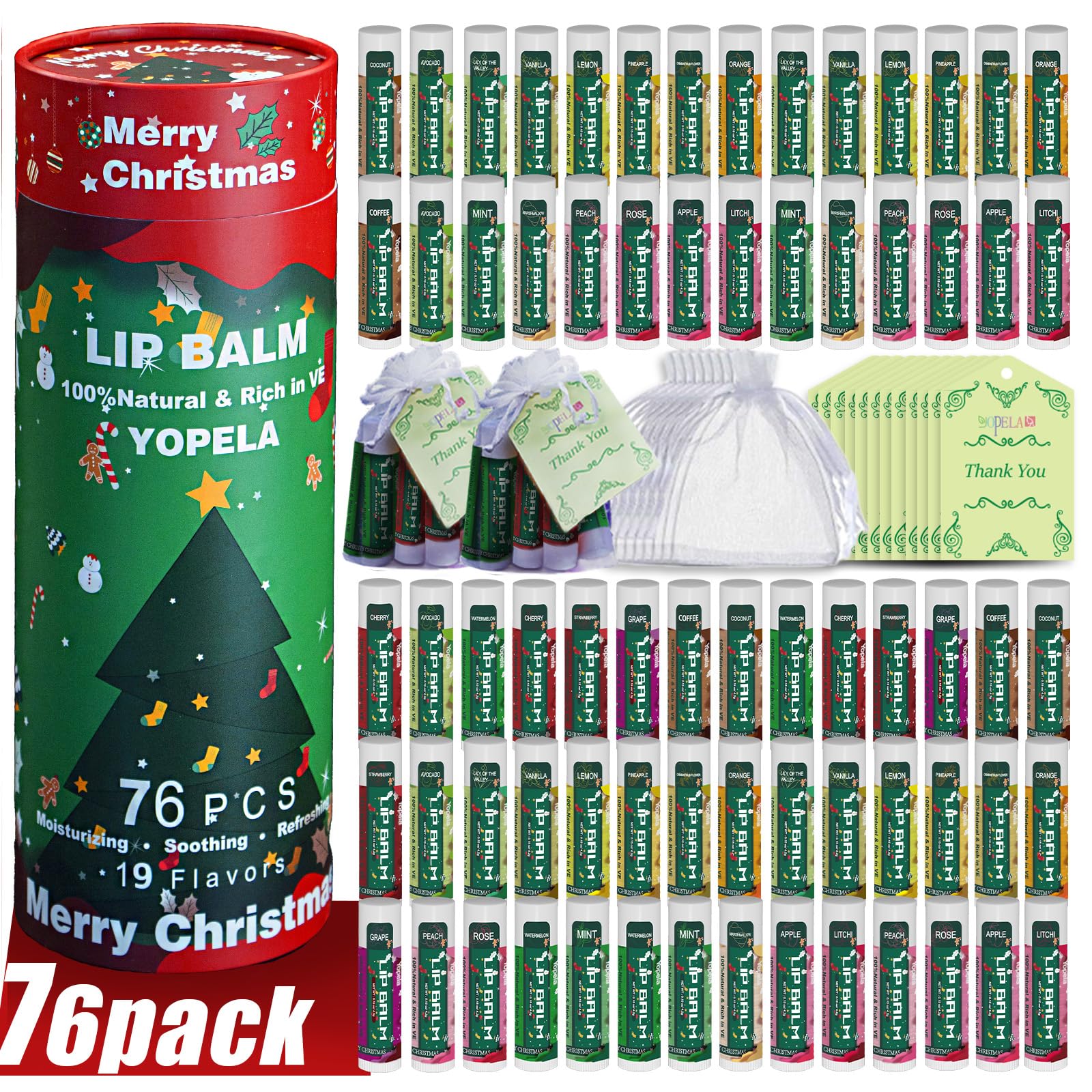 Yopela 76 Pack Christmas Natural Lip Balm Bulk with Vitamin E and Coconut Oil Lip Care Set - Moisturizing, Soothing, and Repairing Dry and Chapped Lips - 19 Flavors - Non-GMO Image