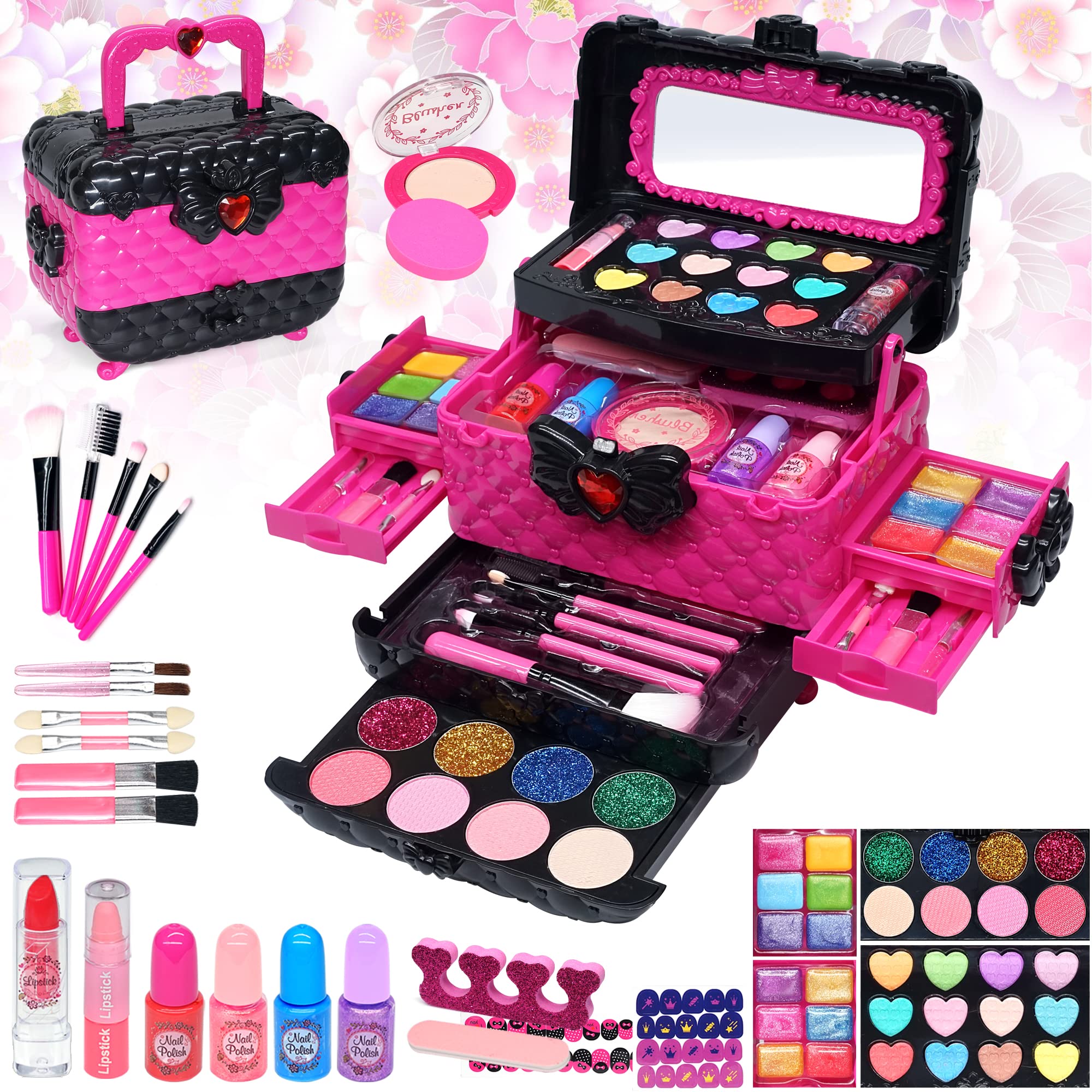 Kids Makeup Sets for Girls - Safe and Washable Kids Makeup, Real Make Up Set for Girls Children Toddler, Little Girl Play Games Toys Presents, Princess Birthday Gifts for 4 5 6 7 8 9 10 Year Old(Rose)