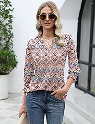 LOMON 3/4 Length Sleeve Floral Print Top with V