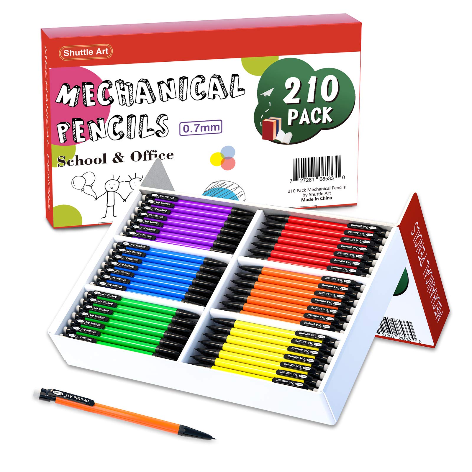 Shuttle Art Mechanical Pencils, 210 Pack Bulk Mechanical Pencils 0.7mm Medium Point, HB #2 Lead, Assorted Barrels, Office School Supplies