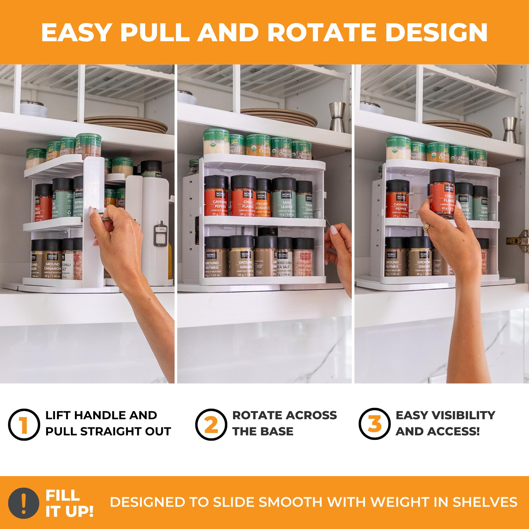 Cabinet Caddy SNAP! Spice Rack Organizer for Cabinet - Slide & Rotate Seasoning Organizer - 3 Snap-In Adjustable Shelves for 5 Tier of Storage - Magnetic Modular Design - 8.9”H x 6.1”W x 10.8”D
