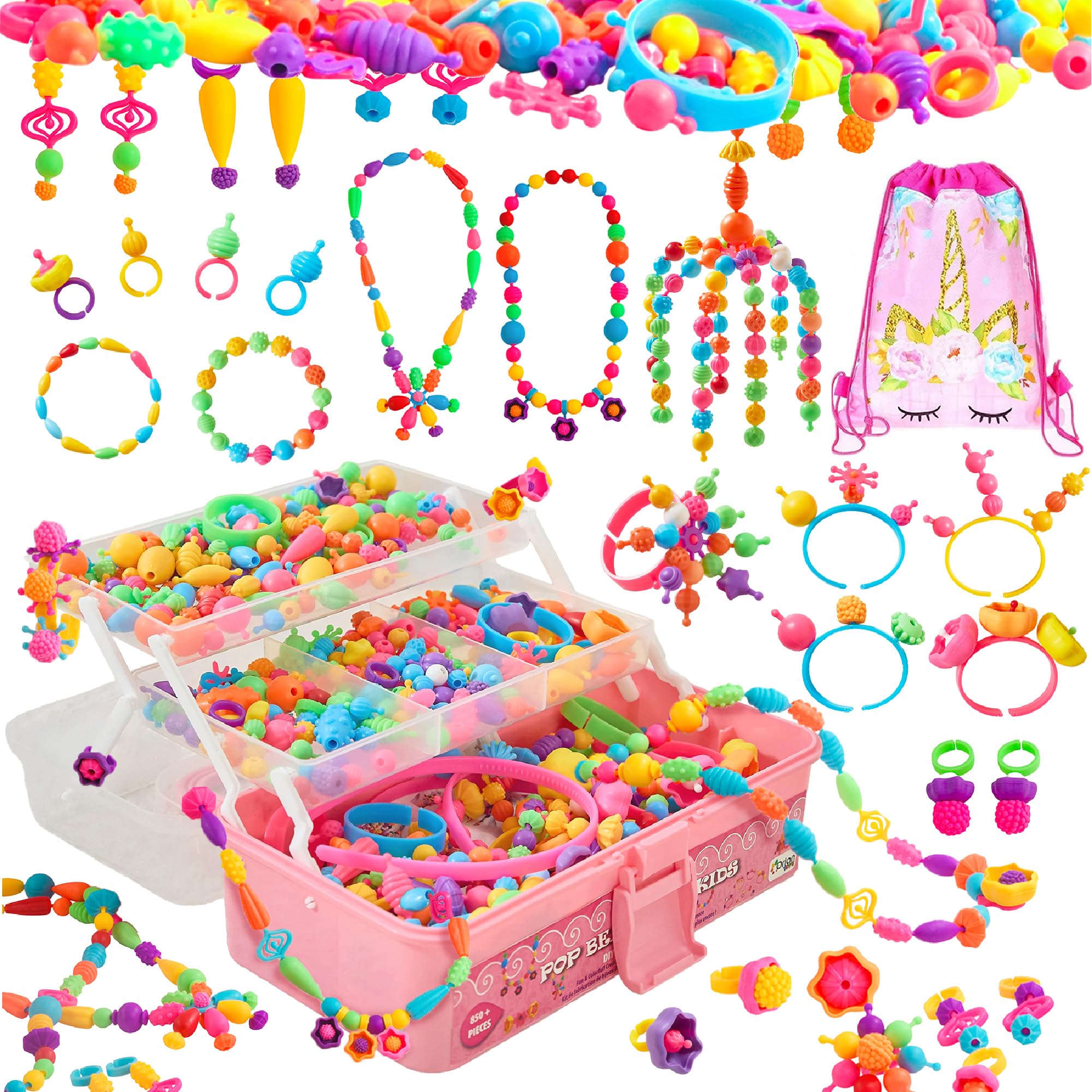 Orian Pop Beads Jewelry Making Kit for Girls – Extra-Large 850+ Piece Set with Hairbands, Bracelets & Rings – Snap Beads for Kids Ages 3+, DIY Jewelry Kit with Unicorn Gift Bag & XL Storage Case Image