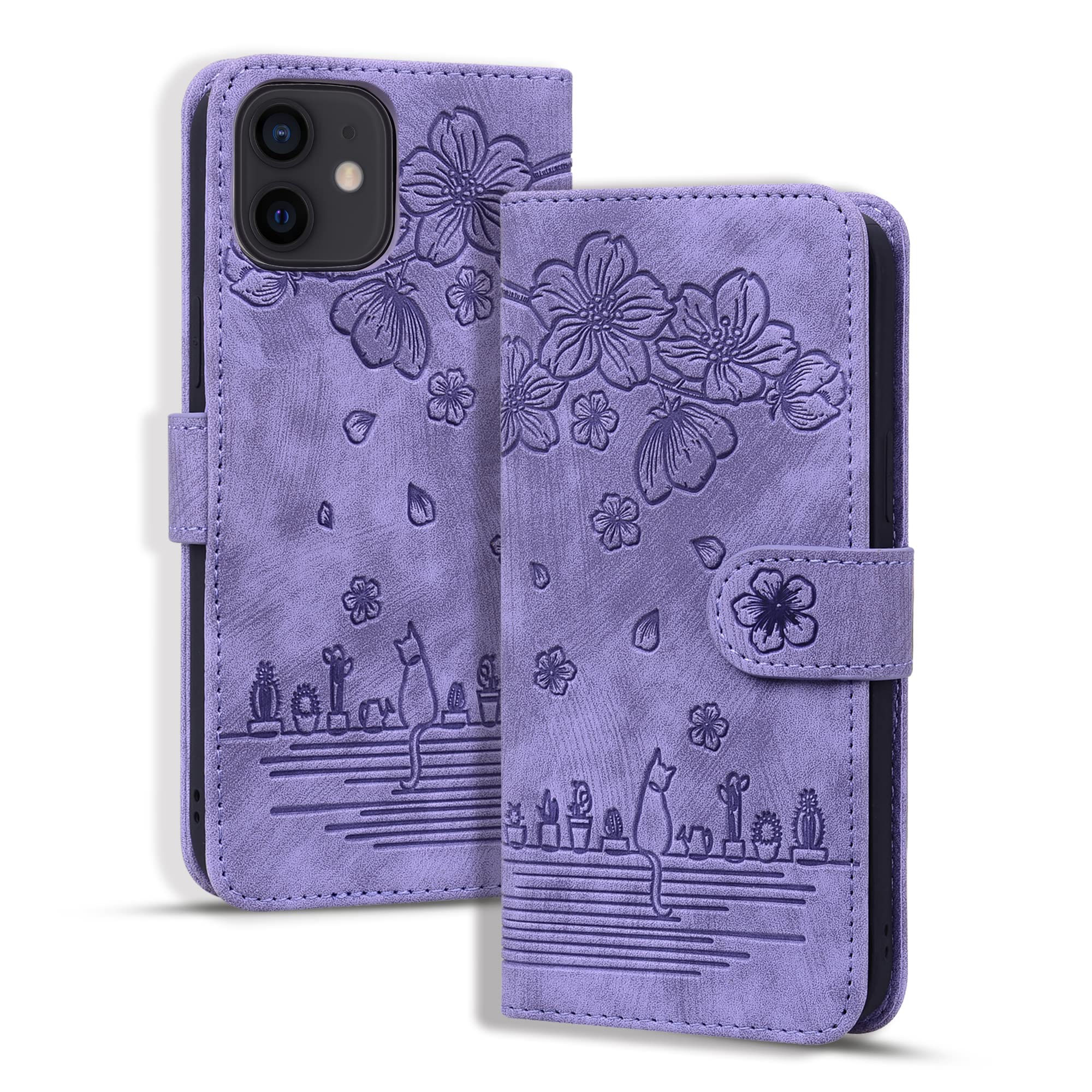 Rosbtib Case for iPhone 12/12 Pro, PU Leather Flip Cover with Stand Function Card Slot Shockproof Function Phone Case Cover iPhone 12/12 Pro - Purple Kitten — image 1