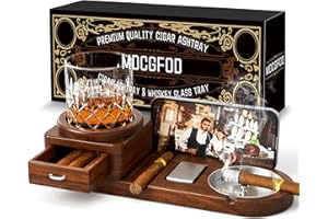 MDCGFOD Cigar Ashtray Coaster Whiskey Glass Tray and Cigar Holder, Wooden Ash Tray, Slot to Hold Cigar, Cigar Rest Cigar Accessory Set Gift for Men Dad, Great Decor for Home (with drawer)