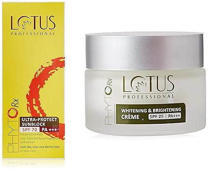 Lotus Professional Phyto Rx Ultra Protect Sunblock | SPF 70 PA+++ | 50g and Lotus Professional Phyto Rx Whitening And Brightening Creme, SPF 25 PA+++, 50g
