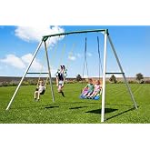 Hapfan 9.5' Tall Heavy Duty Metal Swing Sets for Backyard with 3 Swings | Platform + Belt + Trapeze Swings, Weather-resistant A-frame Swingset, 600 lbs Capacity, Easy Backyard Setup