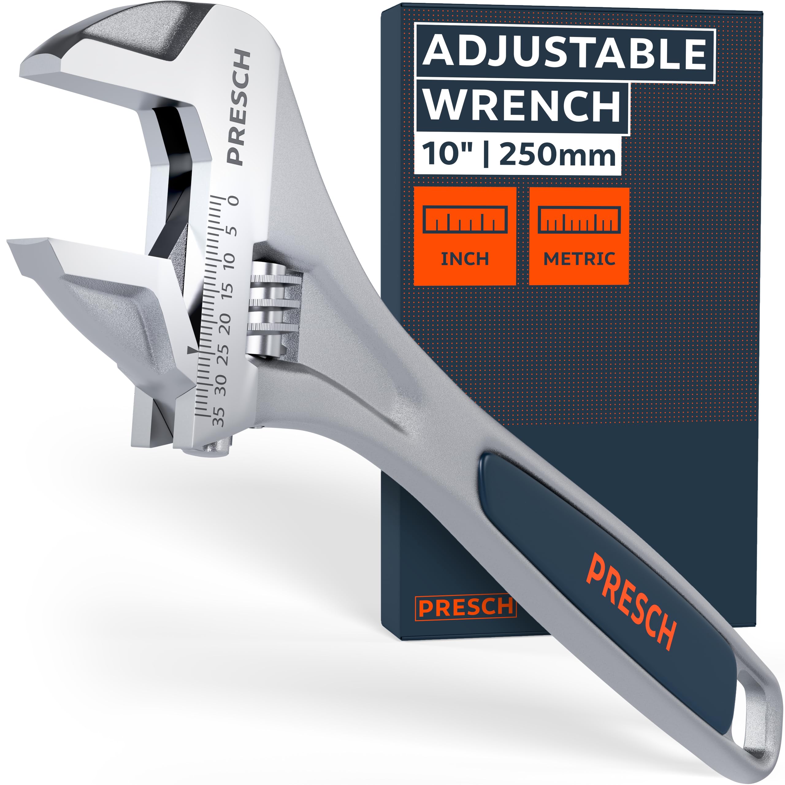 PRESCH Adjustable Wrench 10inch - Laser-Engraved Scale 35mm (Metric & inch) - Precision-Milled for Optimal Grip - Sturdy, Adjustable Spanner