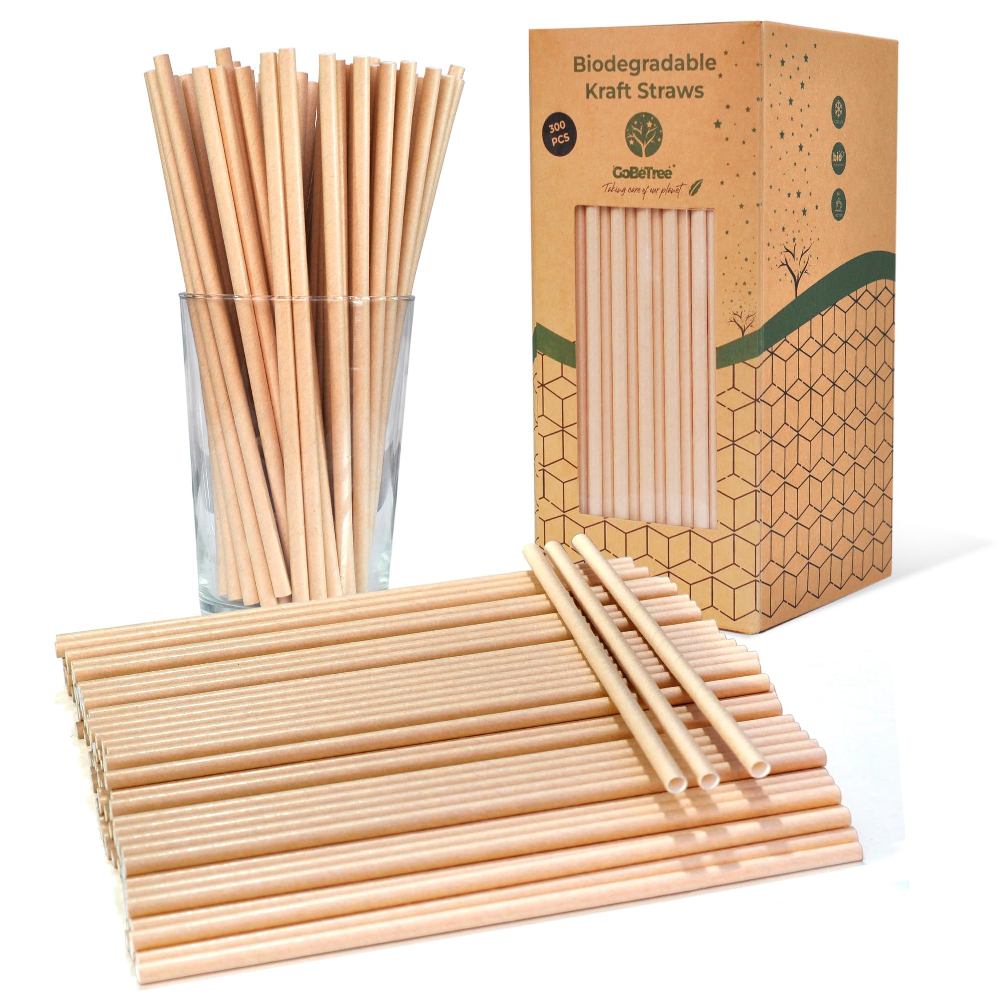 GoBeTree 300 Biodegradable Kraft Paper Straws, Compostable Ecological Disposable Straws, Ideal for Parties, Birthdays, Hot & Cold Drinks