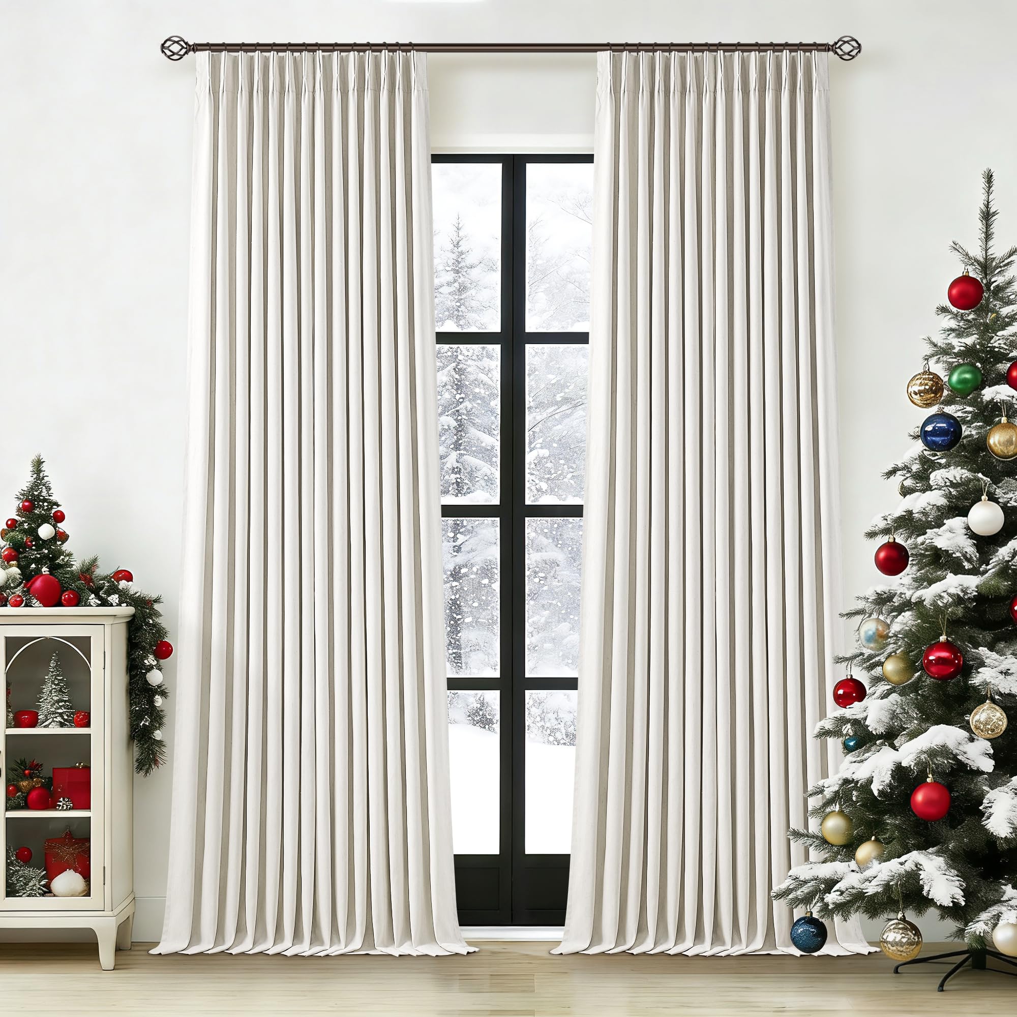 Photo 1 of 102 Inches Long Pinch Pleated Linen Blackout Curtains for Bedroom Back Tab Track Memory Trained Shape Farmhouse Light Blocking Curtains 102 Inch Length for Living Dining Room Darkening Drapes Cream