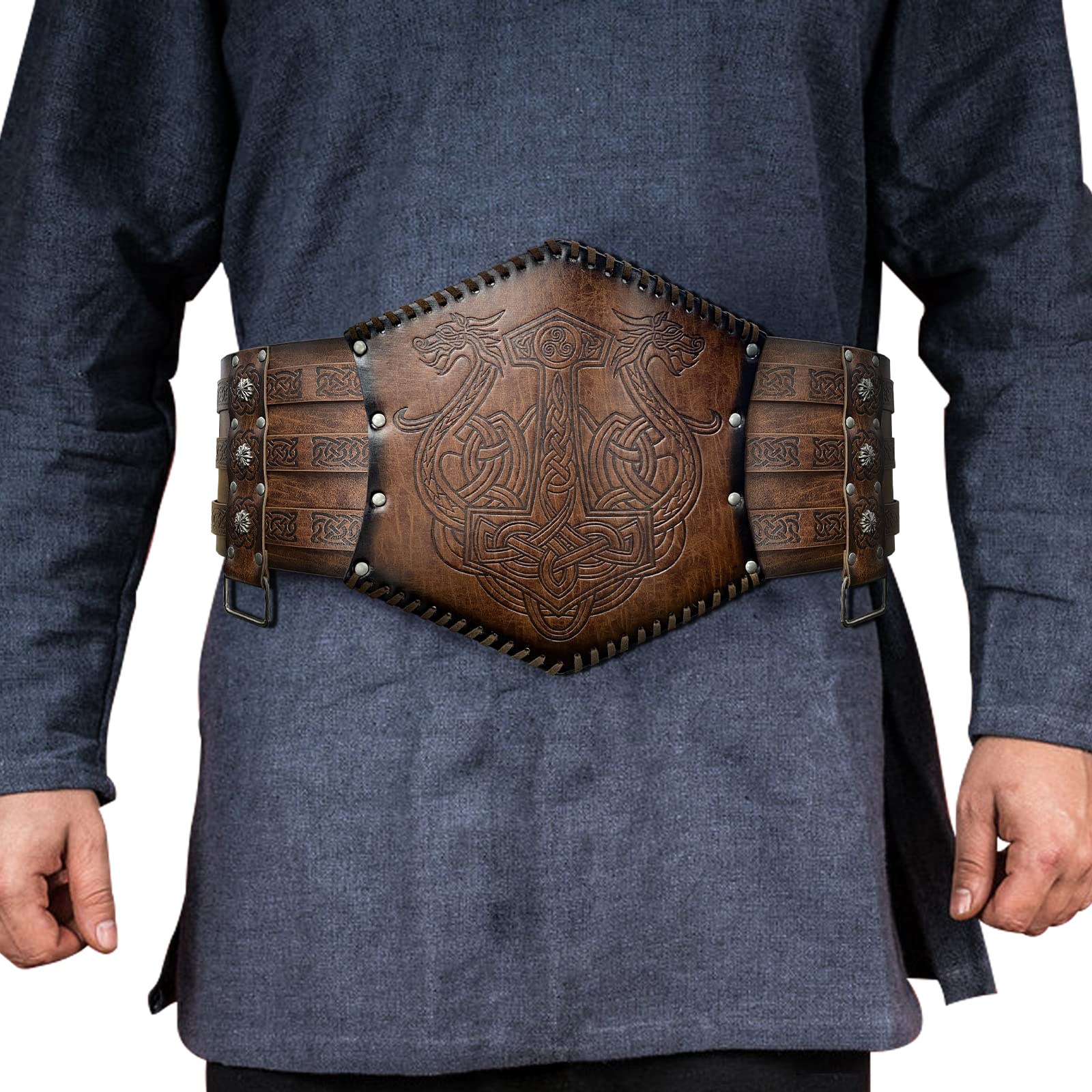 HiiFeuer Viking Embossed Waist Armor, Norse Faux Leather Wide Belt, Medieval Knight Corset Belt for LARP Costume (Brown A) — image 1